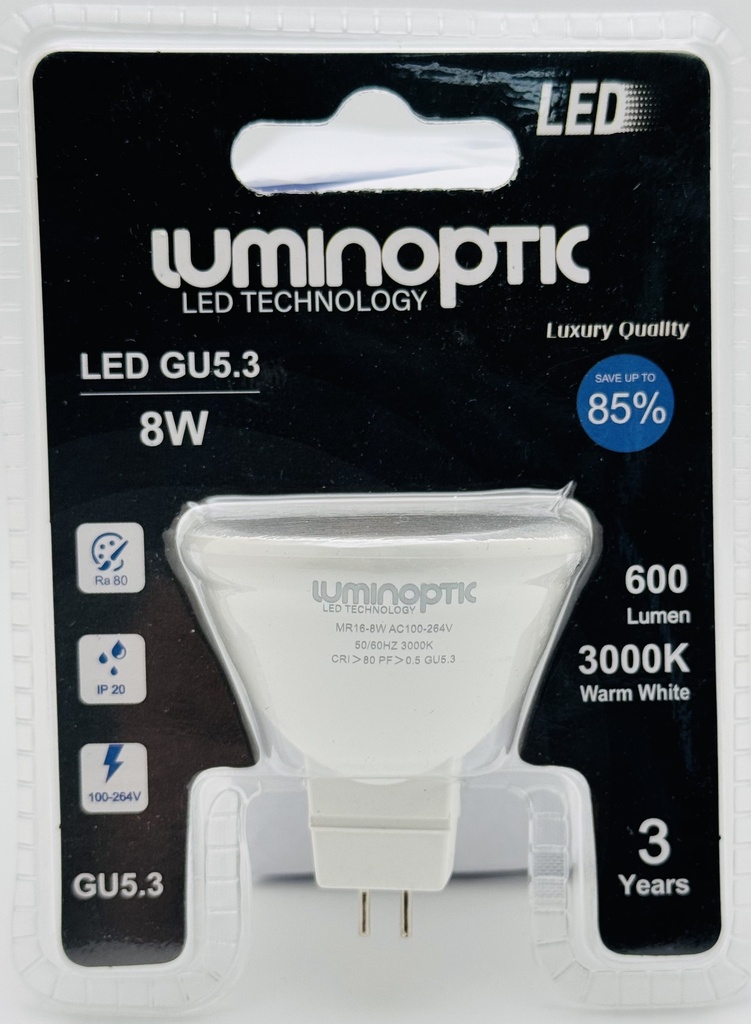 Bombillo Ojo de Buey 8W MR16/GU5.3 3000K Blister