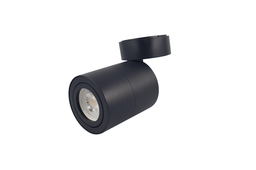 Ojo de Buey Superficie, Cilindrico, Ajustable, MR16/GU10, Negro, 3000K Constr Aluminio, Bombillo Incl