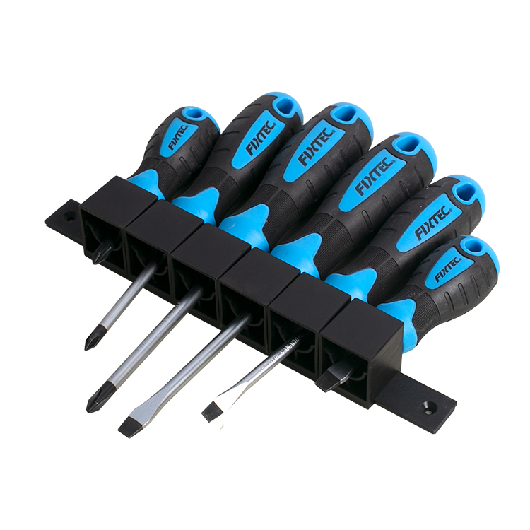 Set de 6 Destornilladores Cromo Vanadio Magnetico con Estante: SL6x38mm, SL5x75mm, SL6x100, PH1x75, PH2x38mm, PH2x100
