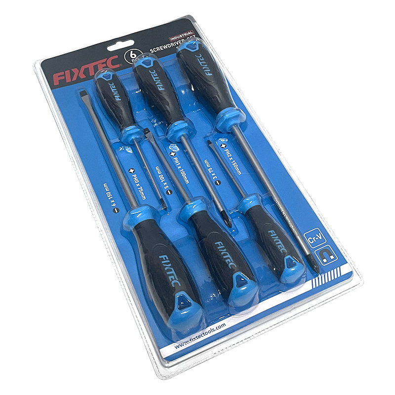 Set de 6 Destornilladores Cromo Vanadio Magnetico: SL3x75mm, SL5x100mm, SL6x150, PH0x75, PH1x100mm, PH2x120