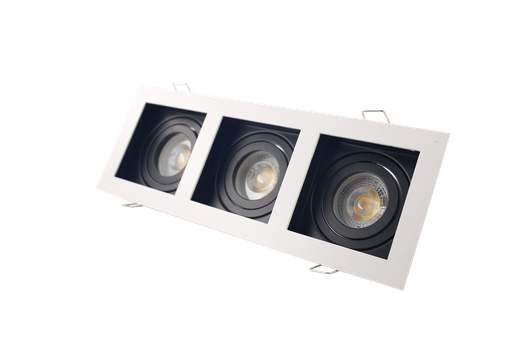[10402] Ojo de Buey MR16/GU10, Rectangular Triple, Blanco/Int Negro, Ajustable 3000K Constr Aluminio, Bombillo Incl